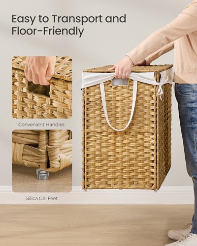 SONGMICS Laundry Hamper with Lid, 29.1 Gallon (110 L) Synthetic Rattan Clothes Laundry Basket with Lid and Handles, Foldable, Removable Liner, Goose Yellow ULCB152Y01 - color: Goose Yellow, size: 110 L