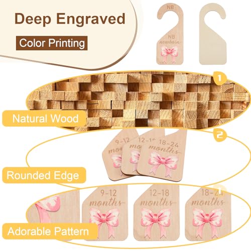 7PCS Wooden Baby Closet Dividers, Pink Bow Baby Clothes Organizer, Double-Sided Nursery Clothes Size Hanger Organizer from Newborn to 24 Months for Boho Nursery Decor