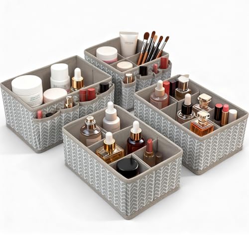 VERONLY Cosmetic Storage Bins Makeup Organizer, Adjustable Multifunction Storage Box Desk Drawer Divider for Makeup Brushes, Bathroom Countertop or Dresser, Set of 4 (Grey) - style: Tree Branch Pattern 4PC