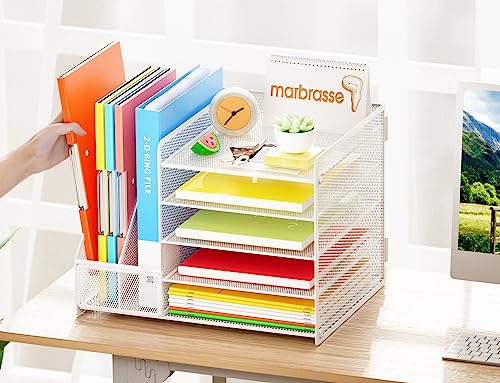 Marbrasse Desk Organizer with File Holder, 5-Tier Paper Letter Tray, Mesh Desk Organizers and Accessories with Magazine Holder, Desktop Organizer and Storage for Office Supplies (White) - color: Desk Organizer File Holder No Drawer- White