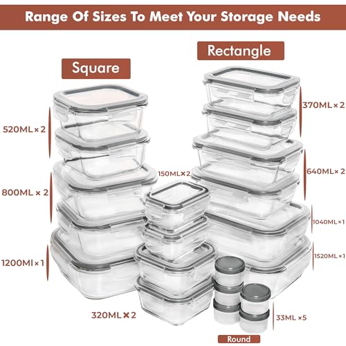 Razab 35 Pc Set Glass Food Storage Containers with Lids - Meal Prep Airtight Bento Boxes BPA-Free 100% Leak Proof (15 lids,15 glass & 5 Plastic Sauce/Dip Containers) - color: Gray