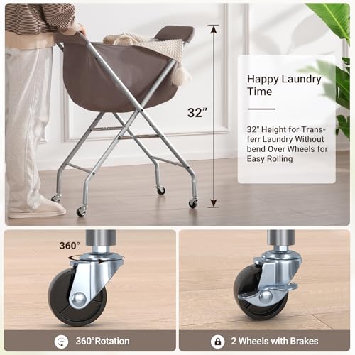 ELYKEN Laundry Cart with Wheels, 32”H Easy Rolling Laundry Hamper with Removable Liner Bag, Sturdy Metal Frame Clothes Basket with 4 Casters and 2 Brakes - color: Camel Brown, size: 23.2"L x 13"W x 32"H