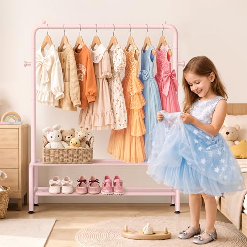 mirolam Kids Clothing Rack - Dress Up Storage - Dress Up Rack for Little Girls - Small Kids Costume Wardrobe with 2 Fabric Shelves - Princess Room Bedroom Decor - color: Pink