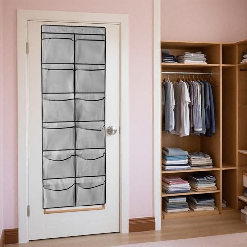 1 Pack 12 Breathable Mesh Pockets Large Hanging Shoe Organizer Over The Door Shoe Rack for Closet Door Storage Shoe Holder Hanger, 4Hooks, Grey (59'' x 21.6'') - color: Grey-B1