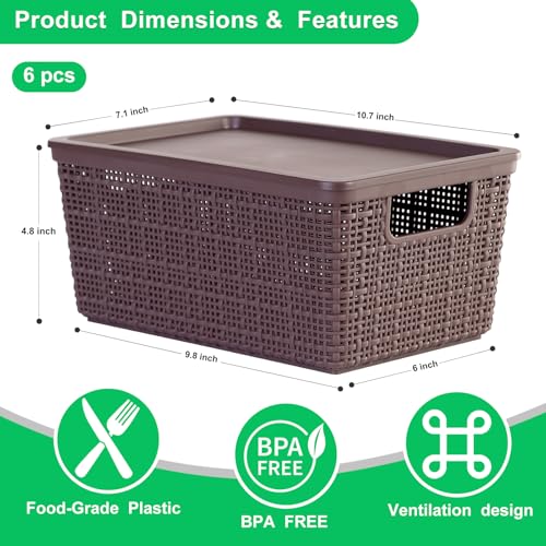 6 Pack Plastic Storage Baskets With Lids,Brown Breathable Stackable Storage Bins,Small Storage Containers,for Organizing Storage Baskets on Desktops,Closets,Playrooms,Classrooms,Offices - color: Brown