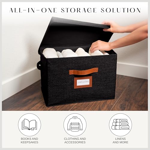 3 Pack Large Fabric Storage Boxes with Lids (15.75" x 11.25" x 11.25") - Decorative Bin with Lid, Label Holder, Faux Leather Handles - Large Storage Boxes for Organizing Clothes, Blankets - Black - color: Black
