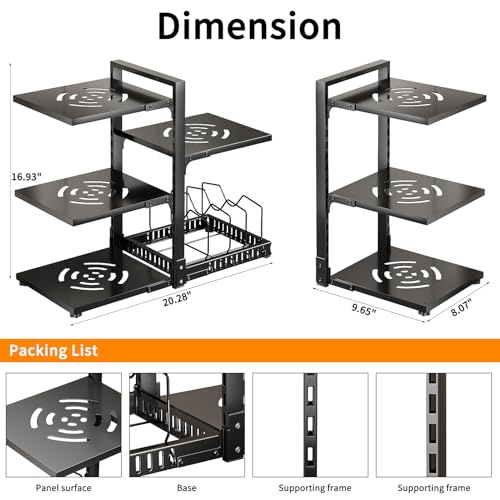 PureBox Pots and Pans Organizer Rack with Lid Holder – 8 pots, Solid Steel Shelves Heavy Duty Adjustable Under Cabinet Pot Rack, Double-Sided Cabinet Organizer, Holds 100Lbs, Black - color: Black Carbon Steel Pot Rack