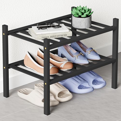 Smiry Bamboo Shoe Rack for Closet, 2 Tier Small Wooden Stackable Shoe Organizer, Free Standing Shoes Storage Shelf for Entryway, Front Door Entrance, Black - color: Black, size: 2 Tier - Small