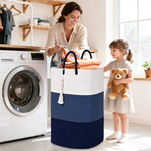 Woven Laundry Basket for Clothes,100 L Large Rectangle Laundry Hampers with Beads Tassel, Nursery Storage Basket for Toys, Tall Dirty Clothes Hamper for Bedroom Aesthetic, Laundry Room Organization - color: Gradient Blue, size: 100L