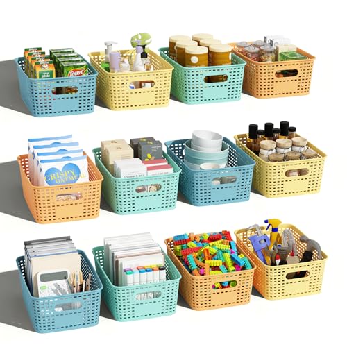 Plastic Storage Basket for Organizing 12 Pack Small Colored Storage Bins Container for Shelves, Colorful Shelf Baskets with Handles for Organization - color: Colorful