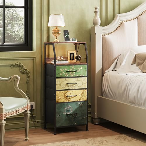 WLIVE 4 Drawer Dresser for Bedroom, 37" H Nightstand with Charging Station and Led Light, Tall Night Stand Bed Side Table, End Table with USB Ports and Outlets, Fabric Bins, Floral Painted - color: Floral Painted, size: 4 Drawers