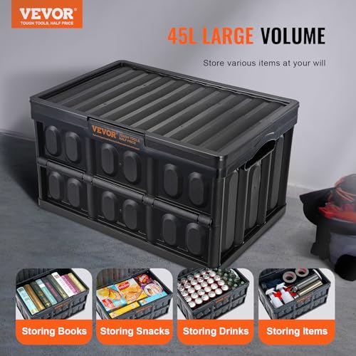 VEVOR 45L Collapsible Storage Bins with Lids 3 Packs, Stackable Utility Crates with Handles, Large Folding Containers for Organizing Tools, Snacks, Books, Food, Drinks, Camping & Transport - size: 45L-Black