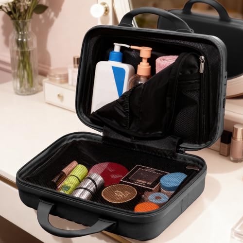 14 Inch Makeup Train Case with Lock Hard Shell Cosmetic Travel Case w Elastic Strap, ABS Portable Toiletry Bag for Toiletries Make up Storage Case for Women Adult - color: Black, size: 14 Inch