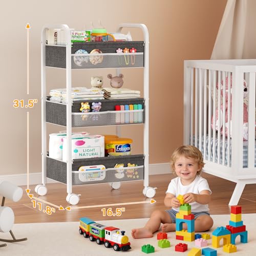 Baby Diaper Caddy Rolling Utility Cart, 3 Tier Baby Essentials Nursery Organizer and Storage with Dividers and Drawers for Crib, Bedroom, Art & Craft Organizer (White) - color: White