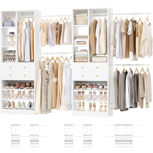 Besiost Closet System, Up to 134"/11.2 FT Closet Organizer with 4 Wooden Drawers and Shelves, Walk-in Closet System with 6 Hanging Rods, Built-in Closet Can Fit 96"/8FT, 120"/10FT, White - color: White, size: Style A: 77.6"—134"(W)