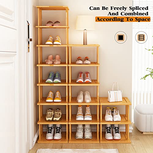Bamboo Shoe Rack - Vertical Shoe Rack for Small Spaces, Tall Narrow Shoe Rack Organizer for Closet Entryway Corner Garage and Bedroom,Skinny Shoe Shelf Free Stackable DIY - Space Saving Storage - color: Original Color, size: 7-tier
