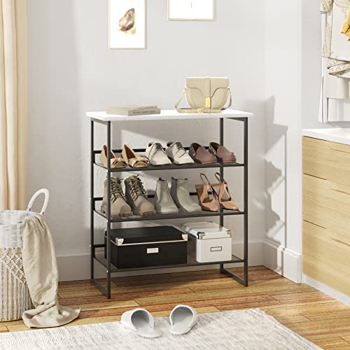 Garden 4 you Shoe Rack for Entryway 4 Tiers 11.8" D x 25" W x 28" H, Metal Shoe Rocks with White Wooden Tabletop, Angled Shoes Rack with Adjustable Mesh Shelves for Entryway Hallway Closet - color: Marble White, size: 4-Tiers