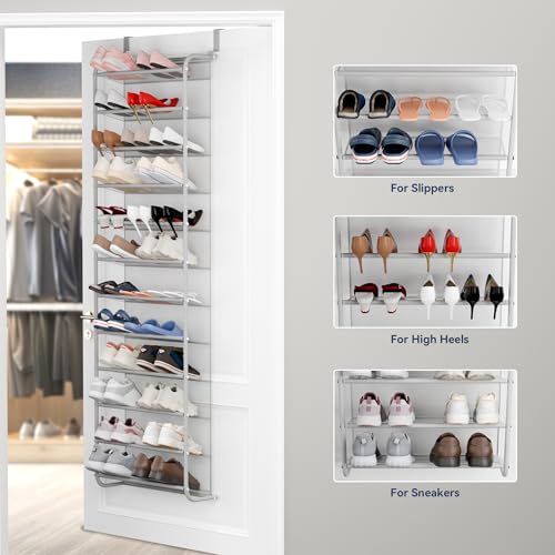 Whitmor 36 Pair Over The Door Shoe Organizer, 12 Tier Hanging Shoe Organizer, Heavy Duty Metal & Mesh Shoe Holder, Hanging Shoe Rack for Closet Organizer & Storage, 69"L x 21.7"W x 7.5"H, Grey - color: Grey, size: Shoe Rack