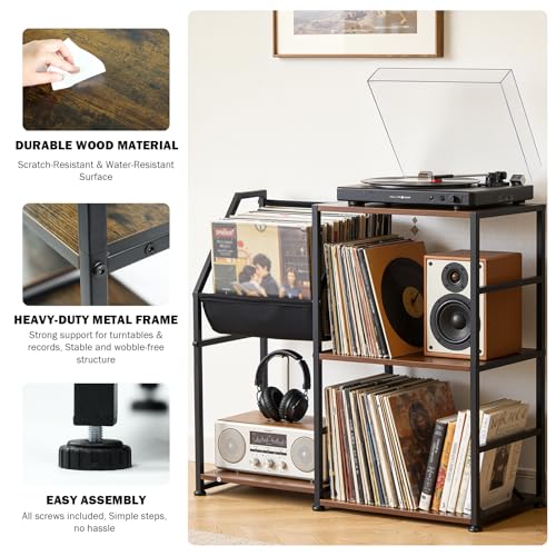 Uieke Record Player Stand with Vinyl Storage, 3-Tier Large Capacity Vinyl Record Storage Cabinet for 300+ Albums, Media Table with Vinyl Display Shelf & Turntable Stand for Living Room - size: 28.8"L x 11.9"W x 27.6"H