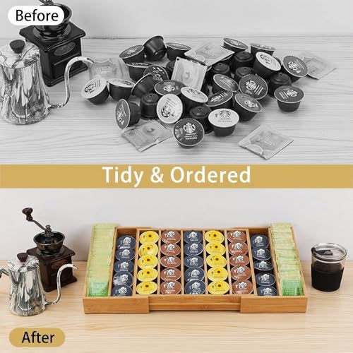 K Cup Holder Bamboo Coffee Pod Holder Drawer Organizer, Expandable K Cup Pod Storage Tea Bag Storage for Coffee Station Home Office and Kitchen - color: Bamboo Color