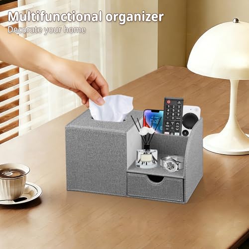 Nightstand Organizer with Tissue Holder,PU Leather Square Tissue Box Cover,Modern Facial Paper Organizer Storage Box for Remote Control,Bathroom,Vanity Countertop,End Table Home Office.Gray - color: Gray