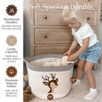 Deer Storage Basket for Nursery – Large 15”x11” Cotton Rope Bin with Soft Felt Animal Patch – Toy Organizer, Baby Laundry Hamper, Diaper & Towel Holder – Foldable, Washable & Baby-Safe - color: Deer