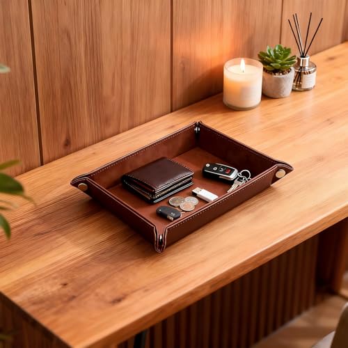 Leather Valet Tray Organizer, Catchall Tray, Desktop Storage for Keys, Coins, Wallet, Phone, Jewelry | Multi-Use Entryway Table, Desk & Nightstand Storage for Men & Women (Maroon) - color: Maroon