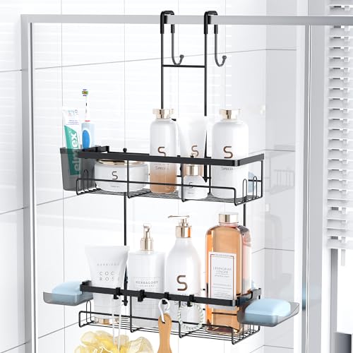 Aitatty Over the Door Shower Caddy Hanging: Black Rustproof Shower Organizer over the Door - No Drilling Bathroom Rack for Inside - color: Black