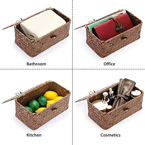 Hipiwe Wicker Shelf Baskets Bin with Lid, Handwoven Seagrass Basket Storage Bins Rectangular Household Basket Boxes for Shelf Wardrobe Home Organizer, Coffee X-Small - color: Coffee, size: X-Small