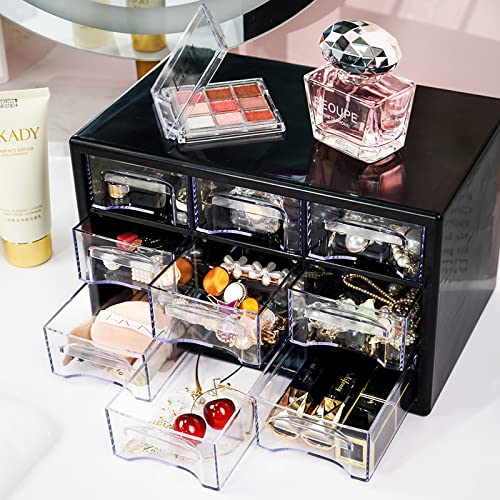 Desk Storage Organizer with 9 Drawers, FODIENS Stackable Desktop Craft Drawer Cabinet, Clear Storage Box Caddy for Makeup Jewelry Office Craft Supplies (9.84×6.3×5.9in) (Black) - color: Black