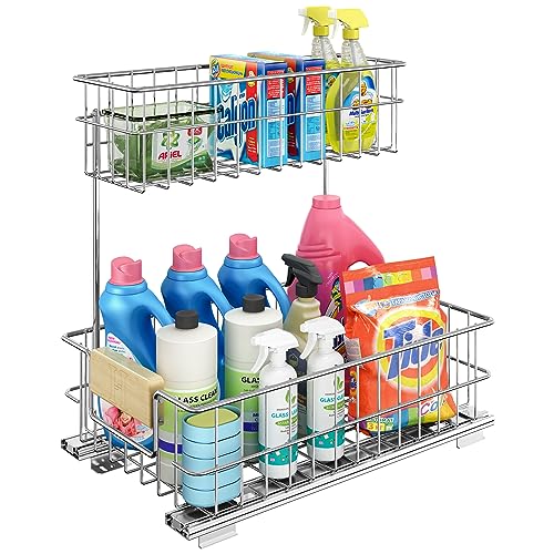 ROOMTEC Pull Out Cabinet Organizer Under Sink Slide Out Storage Shelf with 2 Tier Sliding Wire Drawer, Sliding Storage for Inside Kitchen Cabinet- 11½ in. W x 17¾ in. D (Left) - color: 11.5"W*18"D(Wood Handle-Left)