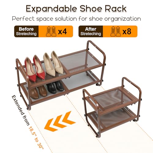 Expandable Shoe Rack for Closet - Shoe Organizer for Entryway, Adjustable Metal Shoe Storage, Stackable Long Shoe Stand Holder for Garage, Hallway, Door Entrance (Brown, 2 Tier) - color: Brown, size: 2 Tier