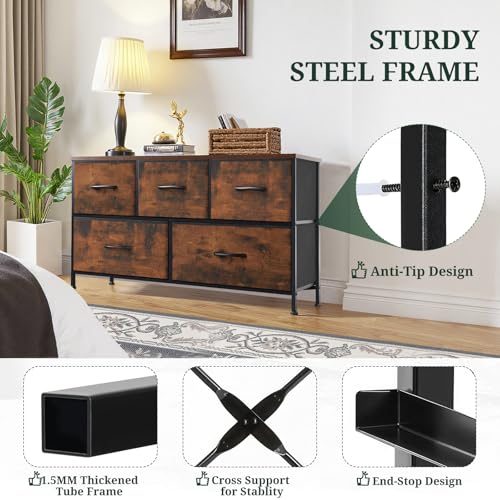 5-Drawer Dresser for Bedroom, Anti-Tip Wide Storage Organizer Fabric Chest of Drawers TV Stand for 45" TV with Wooden Top and Metal Frame for Closet, Living Room, Hallway, Entryway, Brown - color: Brown, size: 11.8"D x 39.4"W x 20.9"H (5 Drawers)