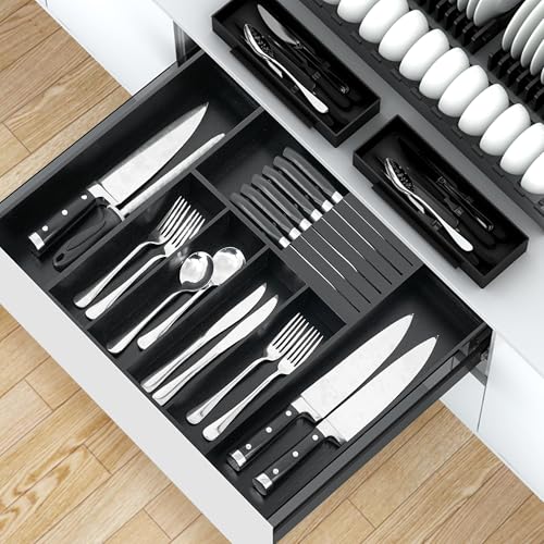 VaeFae Bamboo Silverware Drawer Organizer Kitchen, Expandable Utensil Organizer with Knife Block, Cutlery Tray with Divider, Multifunctional Drawer Organizer (Black) - color: Black, size: Large - Expandable with Block