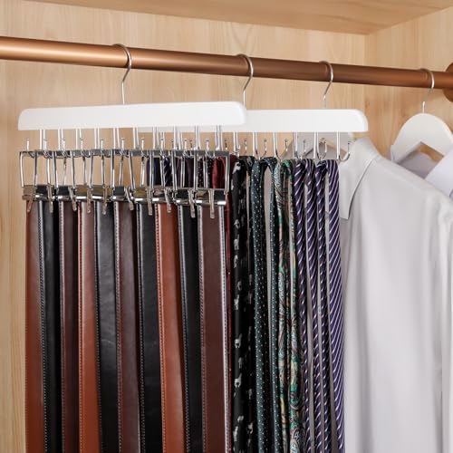 TOPIA HANGER 2 Pack 2 in 1 Belt Tie Hanger for Closet Max 60 Belts with 60 Ties Capacity, 40 Hooks Belt Tie Racks Wooden Hanger for Closet Organizer Storage “U” Fit Belt and “一” Fit Tie - CT52W - color: White-2 Pack