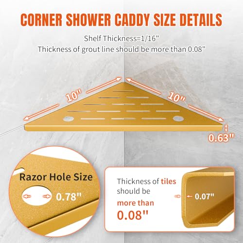 Shower Corner Shelf with Razor Hole,Modern Style Shower Caddy, Sturdy 304 Stainless Steel Shower Organizer,No Drilling Bathroom Corner Shelf for Tile Wall Gold 2 Pack-10 - color: 7-gold