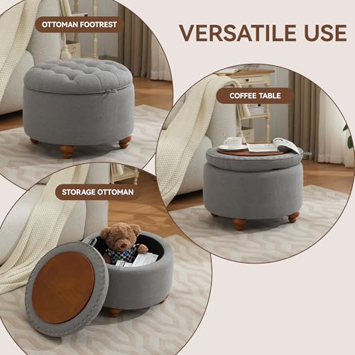 WUTUTUEE 24Inch Round Storage Ottoman with Tray, Modern Tufted Fabric Circle Coffee Table with Storage, Upholstered Ottoman with Removable Top for Living Room, Bedroom, Light Grey - color: Light Grey, size: 24 Inch