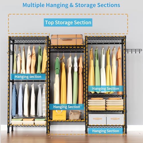 Golpart Heavy Duty Garment Rack Clothes Rack,Large Metal Closet Organizer System Storage Wardrobe,Freestanding Clothing Rack with 8 Adjustable Wire Shelves&4 Hang Rods,MaxLoad 800lbs - color: Black, size: 15.75"D x 56.6"W x 76.8"H
