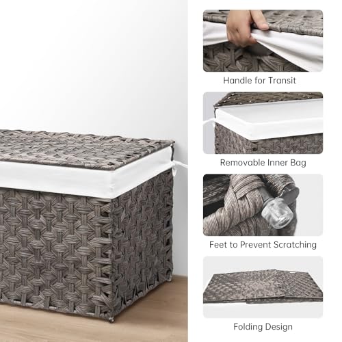 Wicker Storage Basket with Lid, 42.3 Gallon (160L) Large Blanket Basket with Lid, Woven Storage Bin with Handles, Removable Liner, Metal Frame, Foldable, for Bedroom, Laundry Room, Grey - color: Grey, size: 160L:17.7 x 29.9 x 18.1 Inches