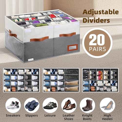 Supowin Shoe Organizer for Closet, Foldable Shoe Storage Bins with Lid & Adjustable Dividers, Fabric Shoe Box Storage Containers with Four Reinforced Handles, Fits 20 Pairs, 1 Pack, Grey - color: Grey, size: 26"L x 17"W x 13"H