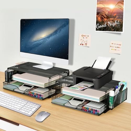 AUPSEN 2 Tier Computer Monitor Stands with Drawer and 2 Pencil Holder, Metal Monitor Stand Monitor riser, Computer Desk Organizer and Accessories for Laptop, Computer, Printer, Office Supplies(Black) - color: Black Metal