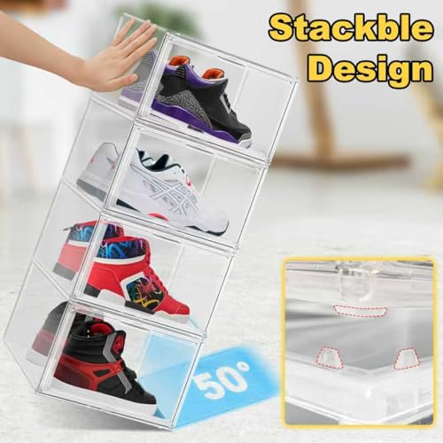 Clear Shoe Boxes Plastic Stackable ‌Shoe Cabinet‌ with Acrylic Magnetic Lids Drop Side Sneaker Display Case for Closet, Entryway, Fits Men's or Women's Shoes up to Size 12.5 (14.17''x10.62''x8.07'') - color: Clear, size: Medium-Large