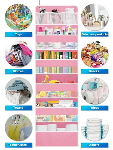 Over the Door Organizers Storage - 5 Shelf Hanging Storage shelves Door Organizer with Pockets, Anti Tilt 44 lb Load Behind Door Organizer for Bedroom,Nursery,Bathroom,Kitchen,Dorm,Shoe - 1 Pack, Pink - color: Pink, size: 1 pack