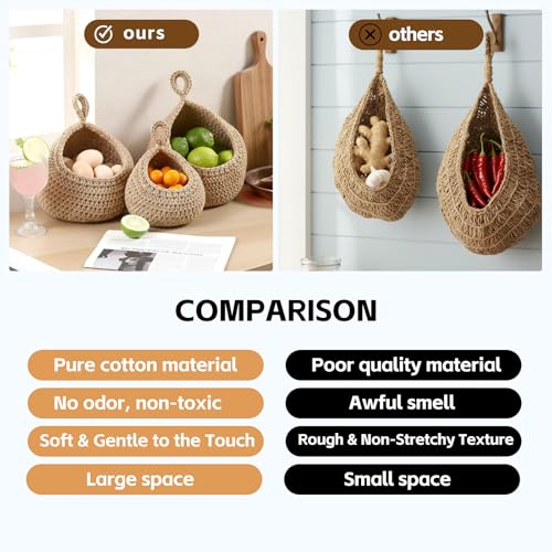 Hanging Storage Baskets Boho Decor Set of 3, Handmade Cotton Rope Wall-Mounted Fruit & Vegetable Baskets, Decorative Hanging Organizers for Kitchen, Entryway, Bathroom & Bedroom - color: Linen