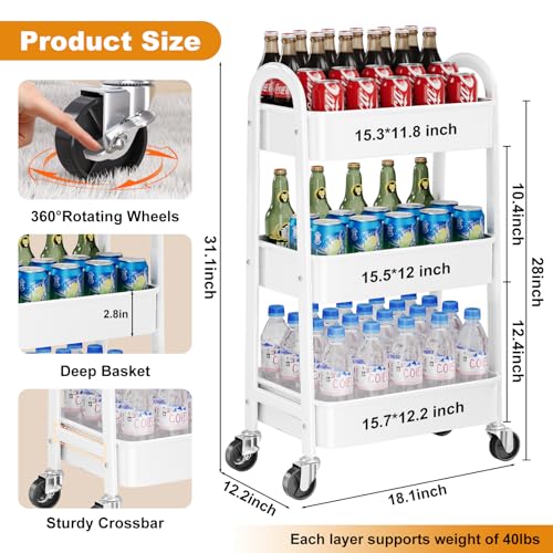 3 Tier Rolling Cart with Wheels for Pantry Organizers and Storage, Metal Utility Kitchen Cart for Fruit and Vegetable Storage, Snack Carts for Kitchen Organization, Art, Craft, Bathroom, Lash, White - color: White, size: 3 Tier+Cups+Hooks