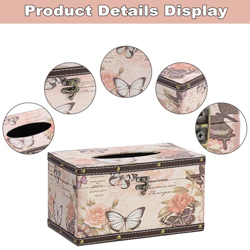 Vintage Tissue Box Cover, Wood Rectangular Tissue Box Holder, Decorative Butterflies Faux Leather Tissue Holders for Table Bathroom Living Room Kitchen Office Car Home Decor, Distressed Pink - size: Large