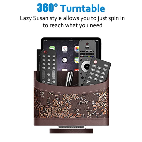 Thipoten Remote Control Holder for Table, Leather Turntable/Organizer/Caddy for Holding TV Controllers, Phone, and Office Supplies, Perfect Space Saver for End Table/Nightstand/Office Desk(Retro)