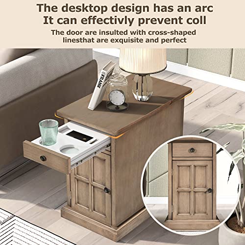 Multifunctional Classic Vintage End Table with USB Ports and 1 Drawer with Cup Holders, Sofa Side Table Bedside Nightstand Narrow Table for Living Room Bedroom (Antique Brown) - color: Antique Brown