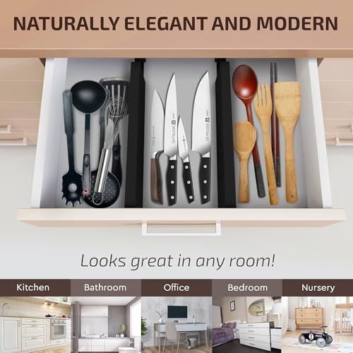 6-Pack Drawer Dividers - 2.6 Inches High, Adjustable 16 to 22 Inches Bamboo Drawer Organizer, Large Expandable Separator for Clothes, Dresser, Bedroom, Bathroom, Baby, Office, Kitchen Utensils, Black - color: Black