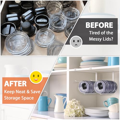 2 Pack Tumbler Lid Organizer, Horizontal Tumbler Lid Storage Hook to Hold Up 20 Lids, Space Saving Cup Lid Holders Under Cabinet Tumbler Lid Hook for Kitchen Organizer, Paper Towel Rack Hanger (White) - color: White, size: 2 Pack